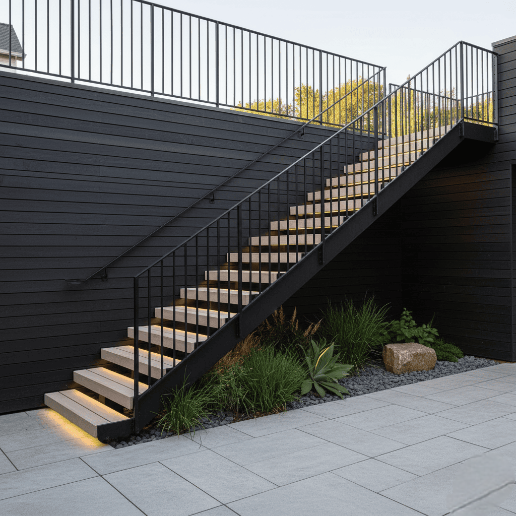 Escaleras exteriores de patio de finca, hierro y medera, por herrero Málaga Raíces